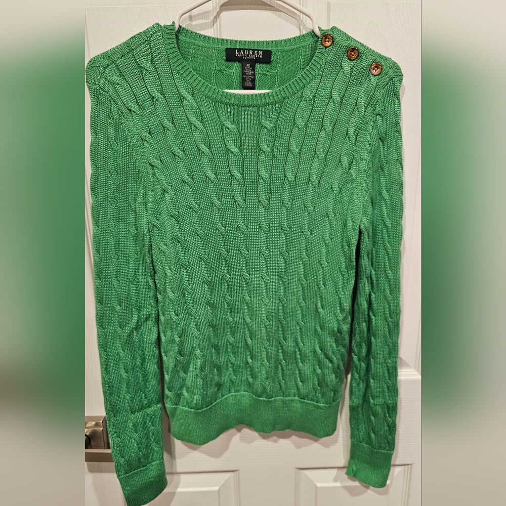 NWOT L-RL Petite Green Women's Cable Knit Sweater With Gold Button Detail-PS - Picture 3 of 6